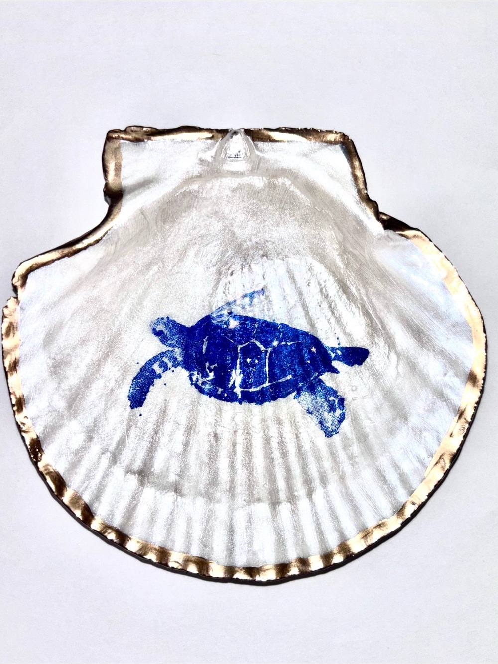 Decoupage Scallop Shell Sea Turtle Scallop Shell with Gold Edge 4-5 inches